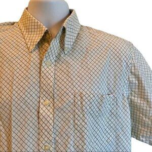 Metro Exchange White Green Cotton Short Sleeve Button Down Shirt Large